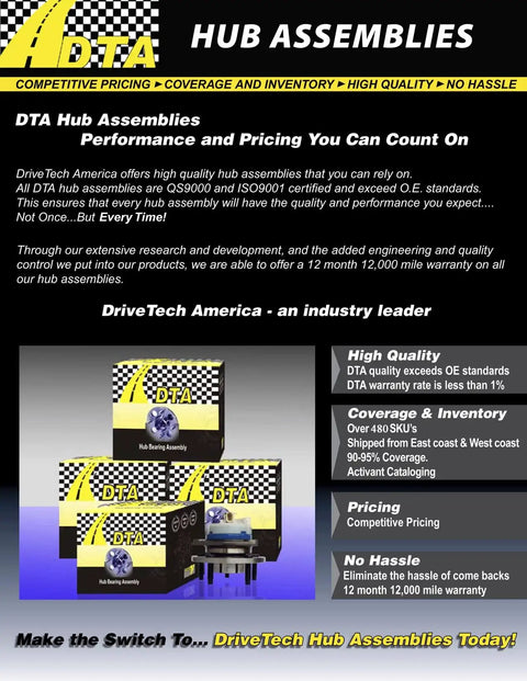 Promotional banner for DTA hub assemblies with product information and warranty details.