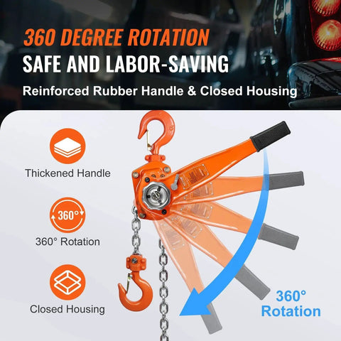 1.5 Ton Manual Lever Chain Hoist With Double-Pawl Brake 10 Ft Lift showing 360-degree rotation feature and rubber handle