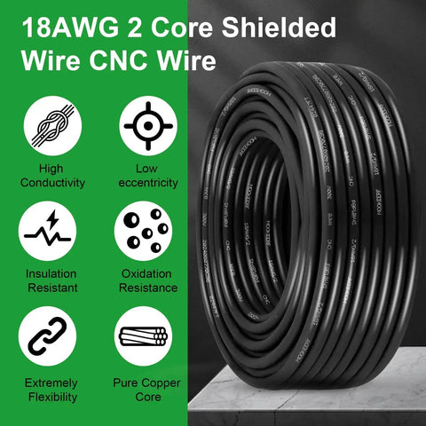 Premium 18 Gauge 2 Conductor Shielded CNC Wire 25 Feet Copper Cable for CNC Routers coiled on display