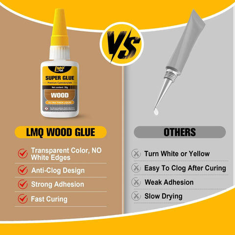Fast Dry Wood Glue and Instant CA Adhesive for Wood Repair and Crafts comparison chart with features and benefits.