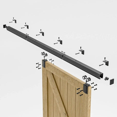 8ft Box Rail Sliding Barn Door Hardware Kit Aluminum Alloy Wall Mount For Single Door with ball bearing rollers and wooden door panel