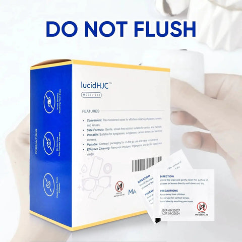 Box of Moistened Lens Wipes 200 Count For Eyeglasses Cameras Phones Screens Laptops with 'Do Not Flush' warning