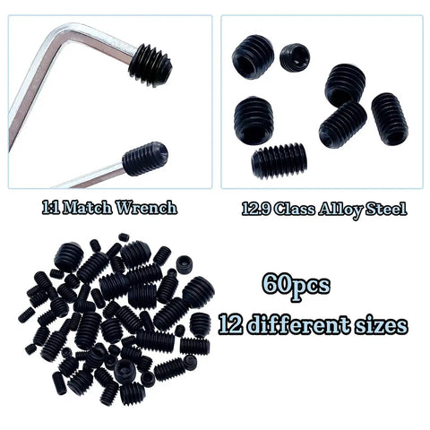 60 Piece Set Screws Kit Grub Screws With Allen Head M3 To M8 12 Sizes For Home Repair Furniture Electronics Door Locks DIY Projects Fixtures Machinery And More displayed with hex wrench and screws in various sizes.