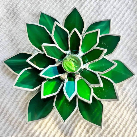 Close-up of a green stained glass succulent with five to six petal design for Four Layer Stained Glass Succulent Soldering Jig Kit.