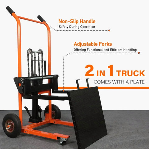 Compact Hydraulic Stackers For Tight Aisles, 440 Lbs Capacity Manual Pallet Jack With 35.8 Inch Lift in orange finish