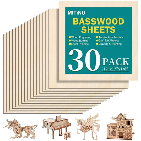 30 Pack Basswood Sheets for Crafts 12 By 12 By One Eighth Inch Thick Unfinished Square Wood Boards Smooth Surfaces