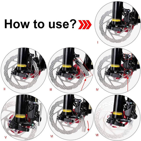 Diagram showing steps to use the Disc Brake Pad Gap Regulator And Rotor Truing Fork For Bikes in a sequence with visible bike disc alignment tool.