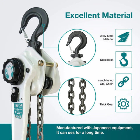 Lever Chain Hoist 3500 Lbs 20 Ft With G80 Alloy Chain And 2 Heavy Duty Hooks shown with material details