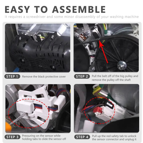 Washer speed sensor replacement guide collage showing steps: remove cover, release belt, unplug sensor, unlock connector