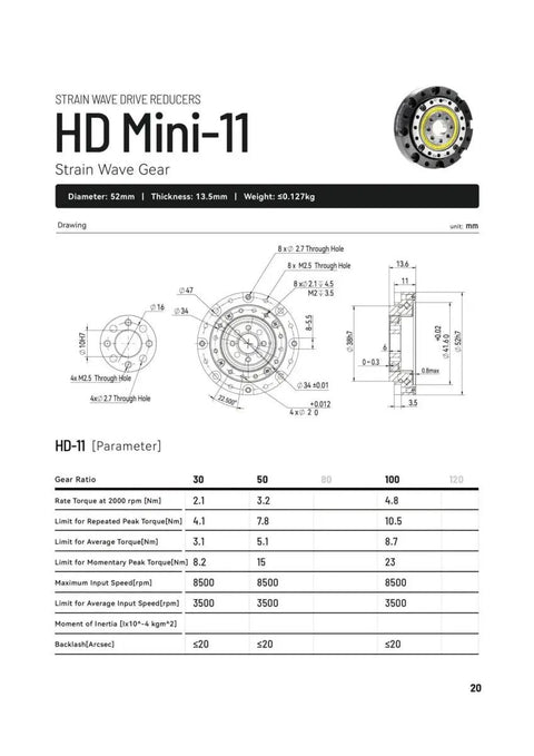 Technical diagram and specifications for HD11 Strain Wave Gearbox 52mm Low Backlash Reducer For Nema 17 BLDC Motor CNC and Factory Automation.