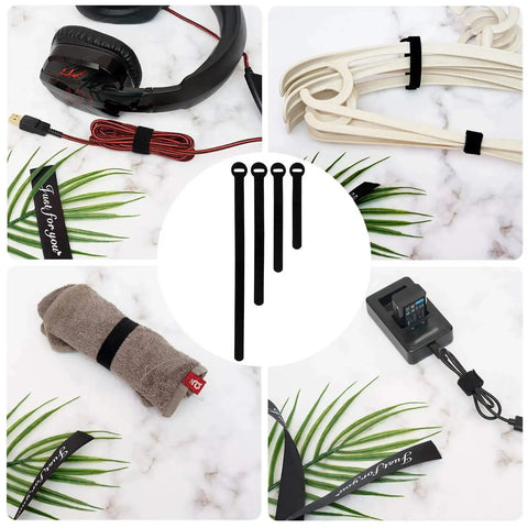 150 Piece Reusable Cable Ties Set With 4, 6, 8, 10 Inch Hook And Loop Straps, Multi Purpose Wire Ties, Adjustable Cord Organizer For Home Office And Data Center Black in use organizing cables and objects.