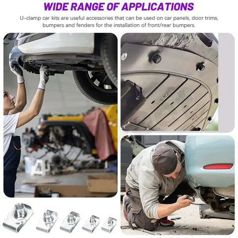 Men using Stainless Steel Auto U Clip Kit 50Pcs 5 Sizes U Nut Assortment for car panel and trim installation under vehicle.