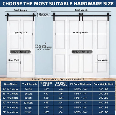 Infographic showing dimensions and specifications of barn door hardware, featuring 52 Inch Barn Door Track Sliding Kit With Side Mounted Black Rollers For Bifold Doors Up To 400 Lbs Smooth And Quiet Operation Easy Install Beefy Heavy Duty Hardware For Four Doors Door Not Included.