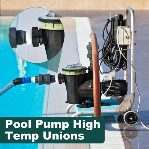 Pool pump with 4x 2 in MIP high-temp unions; side view on wheeled cart, black fittings, green lids