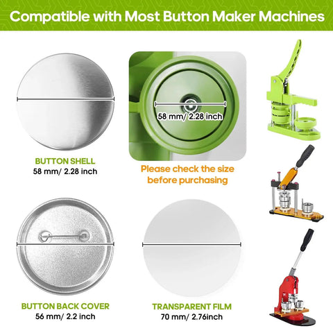 Bulk 300 Pcs 58mm Button Maker Supplies Kit With Blank Rounds, Metal Pin Backs, Metal Covers, Clear Film, For DIY Custom Badges