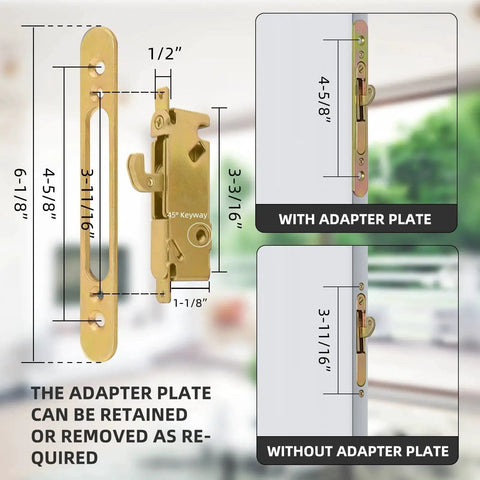 Diagram showing White Patio Sliding Glass Door Handle Set With Reversible Design Fits 1 3 8 To 2 1 4 Inch Thick Wood Or Vinyl Doors 3 15 16 Inch Hole Centers And 45 Degree Keyway For Offset B Position Latch Installations.