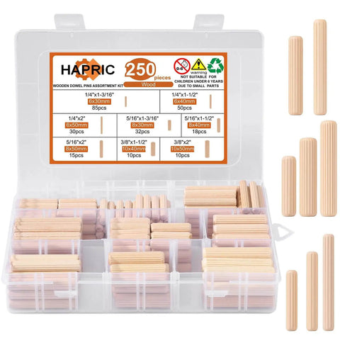 250 Piece Fluted Wood Dowels Set In 1/4 Inch, 5/16 Inch, And 3/8 Inch Sizes For Crafts, Furniture, And Woodworking Projects in box