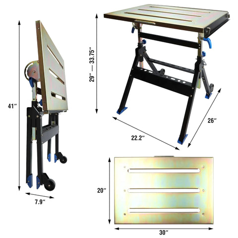 Adjustable Welding Table With Wheels Portable Steel Workbench 30 Inch By 20 Inch Tilting Top Foldable For Easy Storage