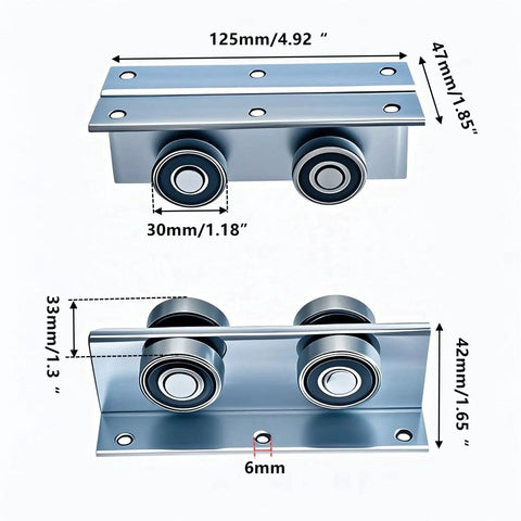 Heavy Duty 4 Wheel Unistrut Trolley Assembly For Barn And Shed Sliding Doors, Compatible With 1 And 5 Eighths Inch Wide Or Taller Strut Channel, Galvanized Steel For Durability And Corrosion Resistance, High Load Bearing Roller Kit, 4 Packs - top and side view dimensions showing galvanized steel wheels and brackets.