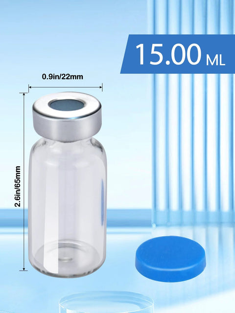 15ml glass vial with sealed cap; blue cap shown, sterile empty vial