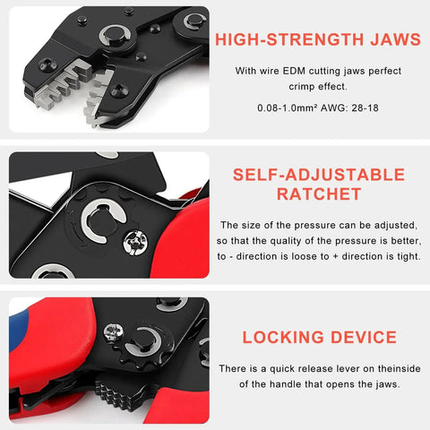Versatile Precision Crimp Tool KN-2549 Pro Grade With Automatic Release highlighting features of high-strength jaws, self-adjustable ratchet, and locking device.