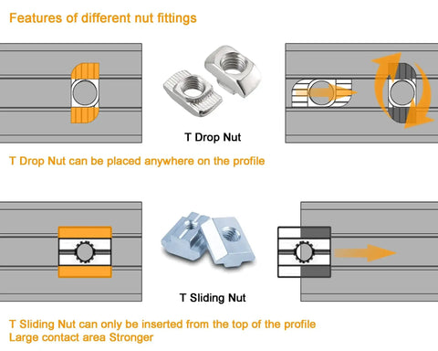 Illustration showing features of T Drop Nut and T Sliding Nut for 3030 Aluminum Extrusion Corner Bracket Kit With 40 M6 T Nuts And 40 Hex Screws