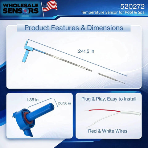 Dimensions of Replacement 520272 Air Water Solar Temperature Sensor with 20ft cable for pool and spa, compatible with IntelliTouch and EasyTouch