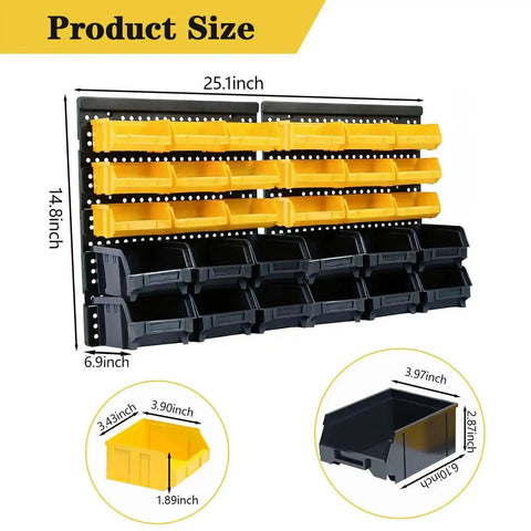 Wall Mounted Storage Bins 30 Compartment Tool Organizer Rack For Tools Hardware Crafts Office Supplies And More Black And Yellow Grab And Go Easy Access Plastic Containers with dimensions