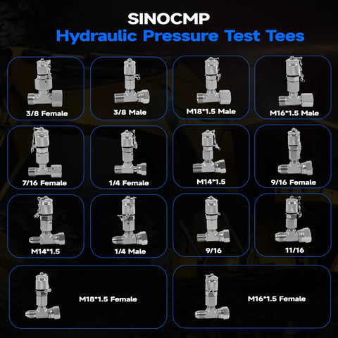 SINOCMP 14-piece hydraulic test tee fittings set with metal connectors in sizes for construction machinery.