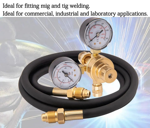 Universal Argon CO2 Gas Regulator for MIG TIG Welding with 0 to 4500 PSI gauge and CGA 580 inlet, shown with 6.6 ft hose