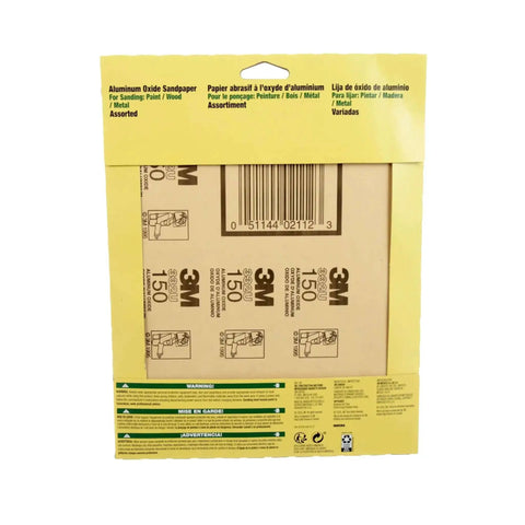 Back view of Aluminum Oxide Sandpaper Set 9 By 11 Inch 5 Sheets With Assorted Grit 100 150 220 packaging
