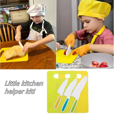 Children using 17 Piece Kid Friendly Kitchen Set For Toddlers Real Cooking Safe Knives With Cutting Boards Fruit And Vegetable Cutters.