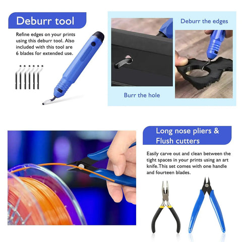 Complete 45 Piece 3D Printer Tools Kit For Faster Deburring Finishing And Cleaning includes deburring tool and pliers.
