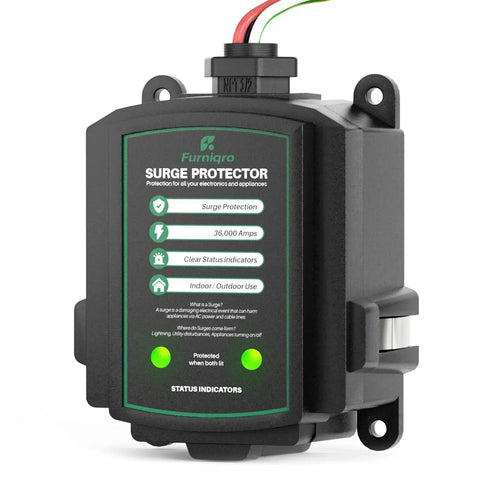 36,000 Amp Whole House Surge Protector for 120/240V, compact design, black exterior, visible status indicators, indoor/outdoor use