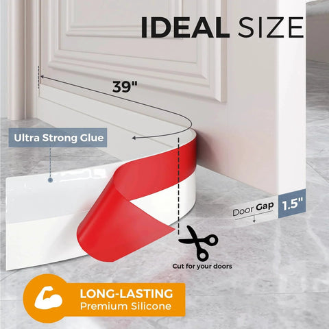 2 Pack Flexible Silicone Door Draft Stopper With 39 Inch Long Under Door Sweep For Exterior And Interior Doors Weather Stripping Seal To Block Noise And Cold Air Durable Draft Guard By GroTheory shown installed under a door with measurements.