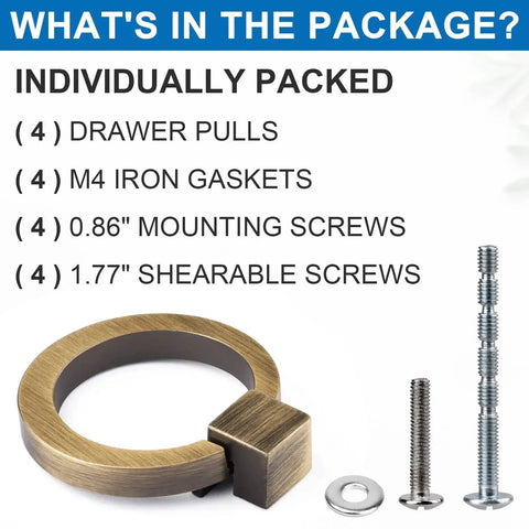 Package contents showing Brushed Oil Rubbed Bronze Cabinet Ring Pulls Set Of 4, screws, and gaskets for easy installation.