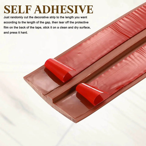 Close-up of Walnut T-Molding Transition Strip showing self-adhesive backing, 9.84 ft x 1.97" PVC floor divider strip