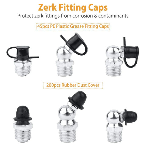 Metal zinc-plated zerk grease fittings with caps and rubber dust covers; six-piece SAE/Metric set
