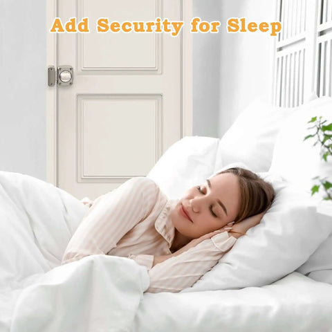 Gate Latch And Sliding Bolt Lock For Cabinets Sheds And Storage Boxes installed on door providing security while woman sleeps