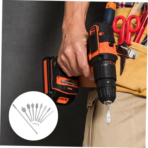 10 Piece Pro Grade Woodworking Drill Bit Set With Flat Boring Bits For Smooth Holes And Precision Panel Drilling Great For Door Hinges Drawer Installations And Hobby Woodworking DIYEAH shown with power drill and tool belt