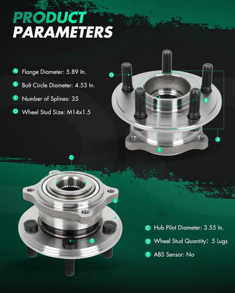 Rear Wheel Bearing Hub Assembly 512555 For Chrysler 300 2015 2021 Dodge Challenger 2015 2021 And Dodge Charger 2015 2021 Non ABS 5 Lug Replacement OE Quality Built To Last And Keep Your Ride Smooth, showing product dimensions and features, including 5.89 inch flange and 4.53 inch bolt circle diameter.