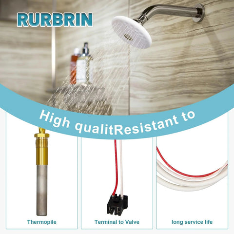 RURBRIN LP thermopile sensor kit for water heater; gold thermopile probe, terminal-to-valve with red/white wires, white tubing bundle