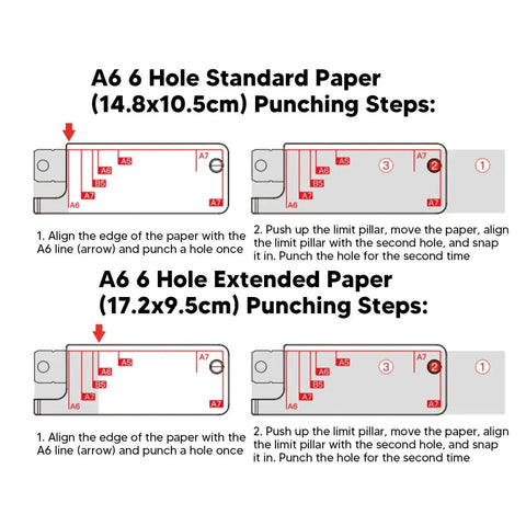 Diagram showing punching steps for A6 6-hole standard and extended paper using 3 Hole Punch Handheld Metal Round Punch Tool.
