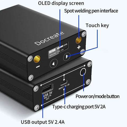 Front view of Beast 5500W Spot Welder Kit With 30 Adjustable Power Levels showing touch key, OLED display, and USB charging ports.