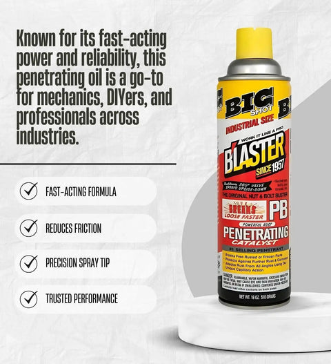 Industrial penetrating oil spray can with yellow cap, text emphasizes fast-acting and trusted performance for mechanics.
