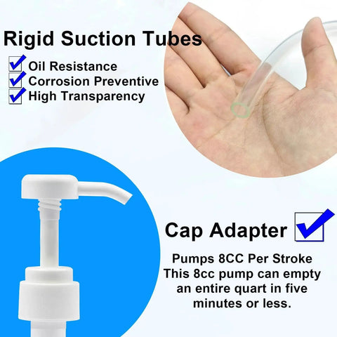 Fluid Pump For Standard Quart Bottles With Third Hand Adapter For Gear Oil, showing pump, cap adapter, and rigid suction tubes.