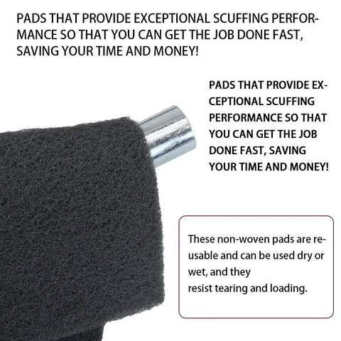 Close-up of 6x9 Automotive Scuff Pads 8 Pack Wet Dry Reusable For Paint Prep And Sanding with text about performance benefits.