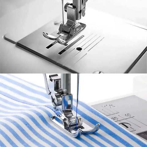 Front view of two metal snap-on presser feet for domestic sewing machines: zigzag and straight stitch