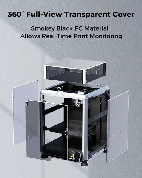 K1 SE Enclosure Pro Grade 360 Degree View With Constant Temperature for 3D Printing; smokey black transparent cover open.