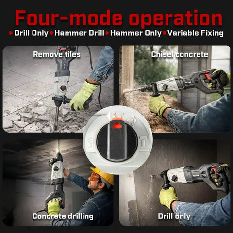 800W SDS Plus Rotary Hammer Drill with demolition chisels and drill bits, corded, used for concrete, brick, masonry projects.